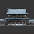 Cartoon Scene of Traditional Chinese Two Story Building With Blue Roof Eaves Columns Pedestal and Reflection