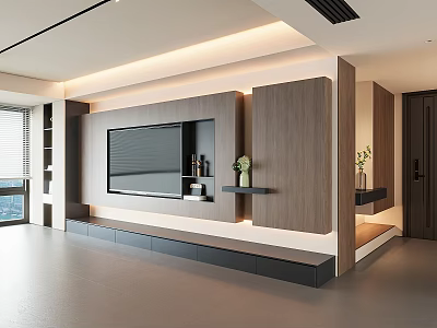 Modern TV Wall Design With Wooden Panels Built-in TV Floating Shelves Platform And Plants 3d model