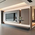Modern TV Wall Design With Wooden Panels Built-in TV Floating Shelves Platform And Plants