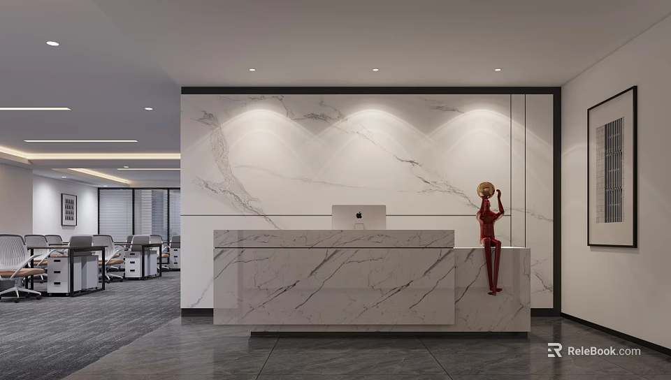 Modern Office Reception Desk With Marble Countertop Backdrop Wall Lighting And Red Sculpture 3d model 