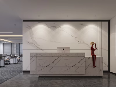 Modern Office Reception Desk With Marble Countertop Backdrop Wall Lighting And Red Sculpture 3d model
