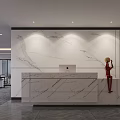Modern Office Reception Desk With Marble Countertop Backdrop Wall Lighting And Red Sculpture
