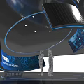 Modern Tech Exhibition Installation With Curved Structure Blue Lighting Screens And Silhouette Figures