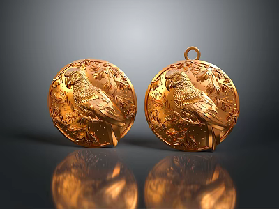 Golden Circular Home Decorative Pendant With Parrot And Leaf Engraved Design 3d model