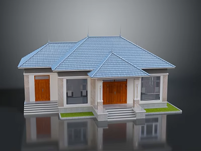 Single Storey House Exterior With Blue Roof Brown Wooden Doors Steps And Green Lawn 3d model