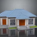 Single Storey House Exterior With Blue Roof Brown Wooden Doors Steps And Green Lawn