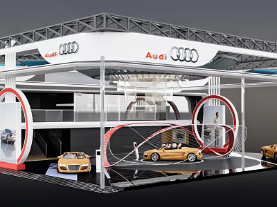 Audi Exhibition Booth With Modern Design Showcasing Yellow Sports Cars 3d model