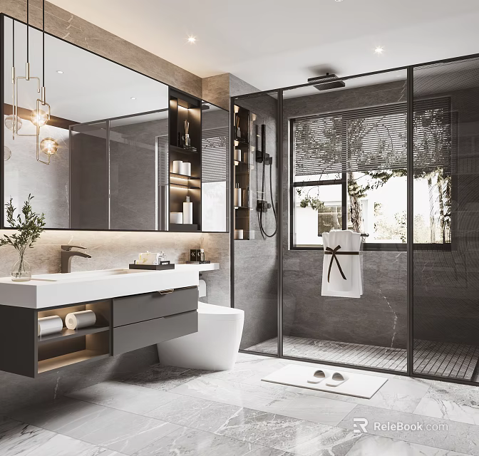 Modern Bathroom Interior With Large Mirror Vanity Toilet Glass Shower And Tile Walls 3d model 