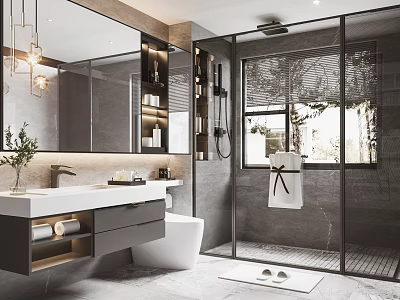 Modern Bathroom Interior With Large Mirror Vanity Toilet Glass Shower And Tile Walls 3d model