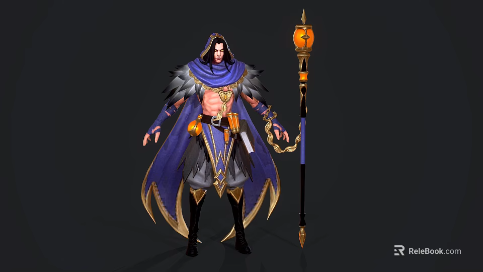 Mystic Warrior With Feathered Cloak Holding Staff Featuring Glowing Lantern And Ornate Details 3d model 