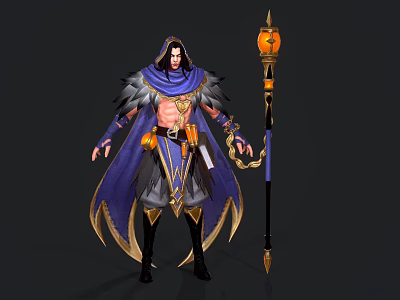 Mystic Warrior With Feathered Cloak Holding Staff Featuring Glowing Lantern And Ornate Details 3d model
