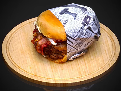 Juicy Hamburger Wrapped in Newspaper on Wooden Round Tray with Bacon Patty and Sauce 3d model