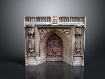 Gothic Architectural Carved Entrance With Arched Design And Stone Side Statues 3d model