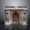Gothic Architectural Carved Entrance With Arched Design And Stone Side Statues