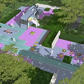 Children's Play Area with Green Trees Lawn and Colorful Slide Play Equipment