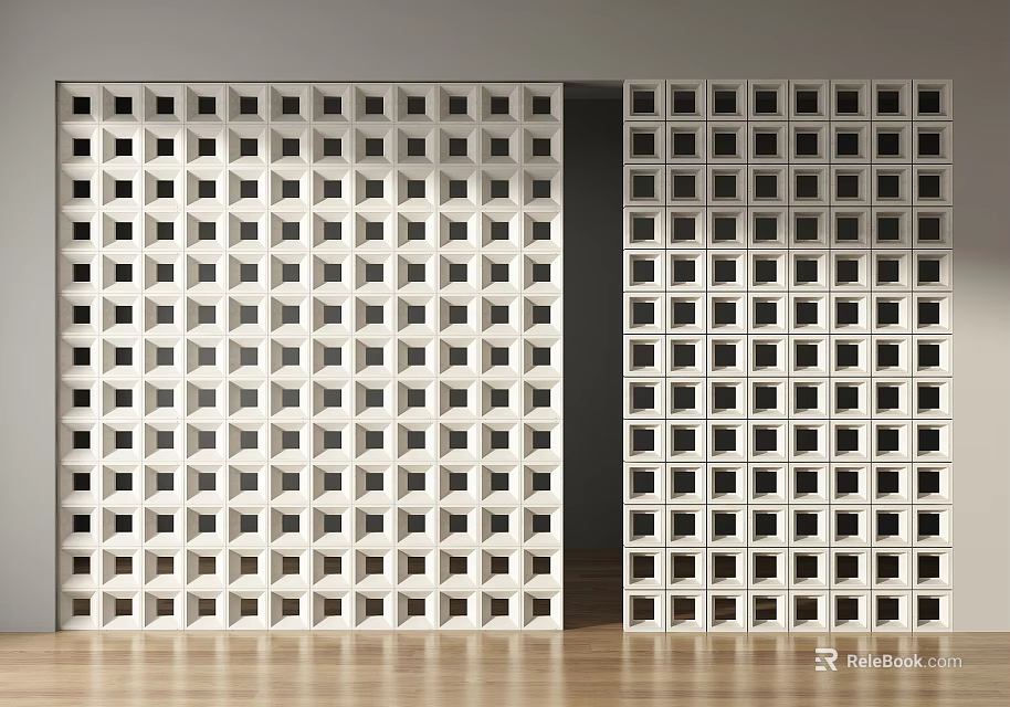 White Building Exterior Wall With Square Hollow Grids And Wooden Floor Opening 3d model 