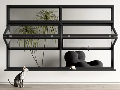 Modern Black Casement Windows with Green Plants Behind and Black Chair Nearby Cat and Cup 3d model