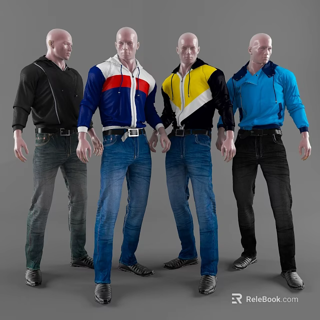 Four Male Models Posing in Different Colored Jackets and Various Pants 3d model