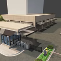 Modern Building Entrance Gate With Stone Structure Glass Doors And Canopy