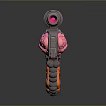 Futuristic Mechanical Gun Structure With Silver Frame Pink Brain Component Orange Accents And Coiled Cable 3d model