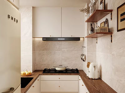 Modern Kitchen Interior With White Cabinets Marble Wall Wooden Countertop Stove And Toaster 3d model