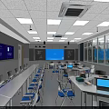 Modern School Classroom With Long Tables Laptops Large Screens And Windows For Learning 3d model