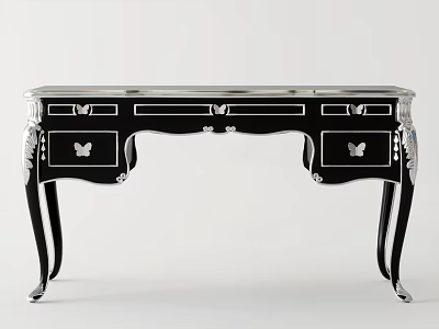 Elegant Black Desk With Silver Accents Butterfly Decor Drawers And Curved Legs 3d model