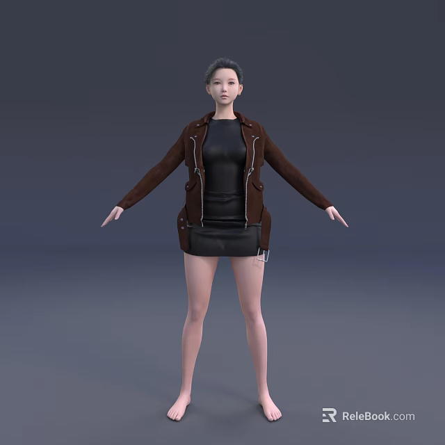 A Stylish Woman Wearing Brown Coat And Black Dress Standing With Arms Outstretched 3d model 