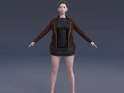 A Stylish Woman Wearing Brown Coat And Black Dress Standing With Arms Outstretched 3d model