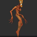 3D Grotesque Fantasy Creature Character With Orange Body Large Eyes Open Mouth And Tentacle Arms 3d model