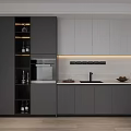 Modern Kitchen Wine Cabinet With Open Shelves And Gray Cabinet Storage Design