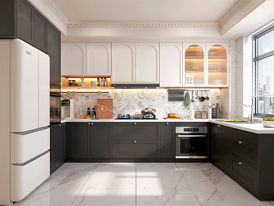 Modern Kitchen Interior With Black White Cabinets Marble Countertop And Appliances 3d model