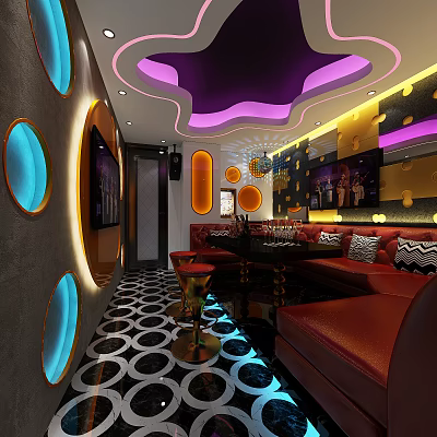 Modern KTV Interior With Red Sofas Circular Lights Geometric Floor Bar Counter And TV Screens 3d model