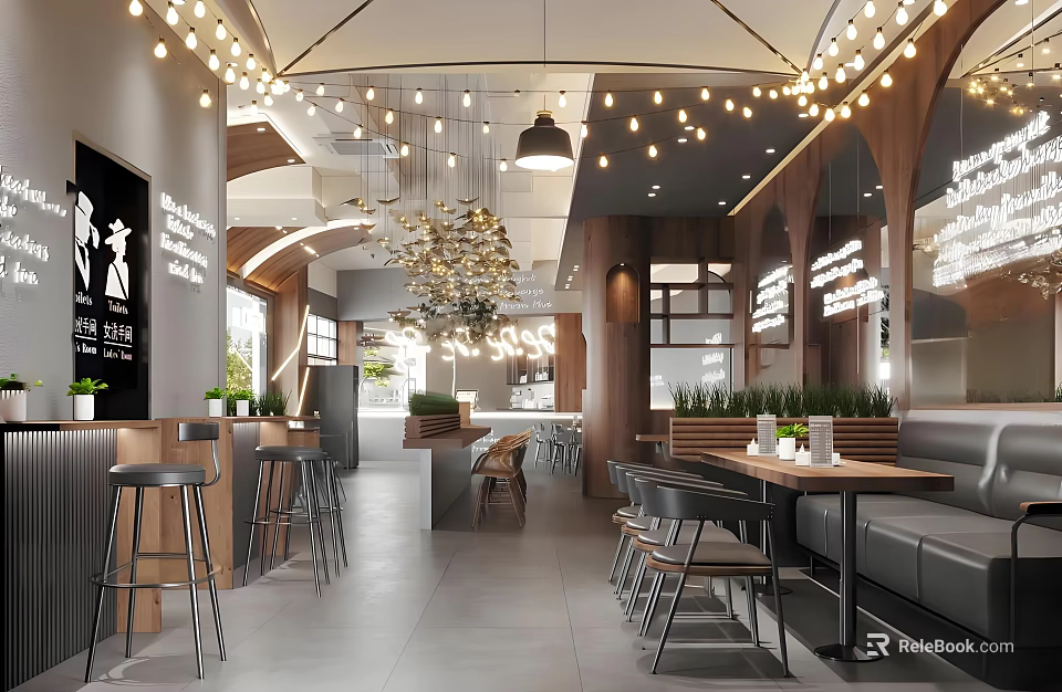 Modern Café Interior Design With Hanging Lights Wooden Tables And Green Plants 3d model 