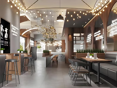 Modern Café Interior Design With Hanging Lights Wooden Tables And Green Plants 3d model