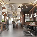 Modern Café Interior Design With Hanging Lights Wooden Tables And Green Plants