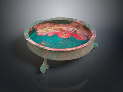 Vintage Bronze Decorative Furniture Circular Basin With Three Legs And Ornate Green Red Patina 3d model