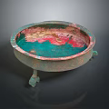 Vintage Bronze Decorative Furniture Circular Basin With Three Legs And Ornate Green Red Patina