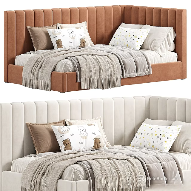 Modern Kids Bed With Upholstered Headboard And Decorative Animal Pillows 3d model 