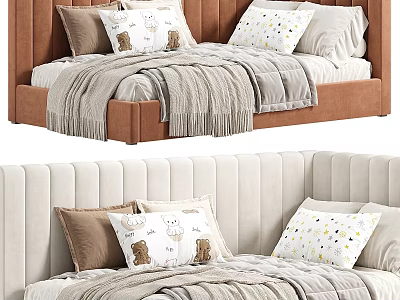 Modern Kids Bed With Upholstered Headboard And Decorative Animal Pillows 3d model
