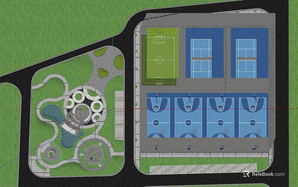 Integrated Garden Landscape Design with Football Tennis and Basketball Courts 3d model 