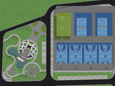 Integrated Garden Landscape Design with Football Tennis and Basketball Courts 3d model