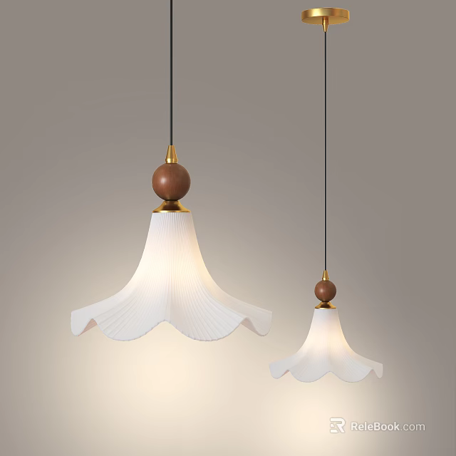 Modern Pendant Lights With White Petal Shaped Shades Gold Accents And Brown Wooden Balls 3d model 