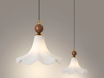 Modern Pendant Lights With White Petal Shaped Shades Gold Accents And Brown Wooden Balls 3d model
