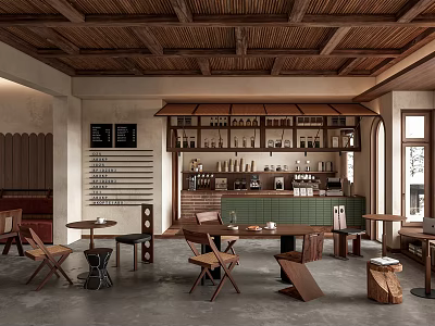 Café with Wooden Ceiling Open Bar Counter Green Tile Backsplash Wooden Furniture and Menu Board 3d model
