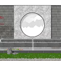 Courtyard Garden With Stone Water Feature Circular Window Mountain Pattern Red Maple Leaves Green Grass 3d model