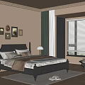 Classic Bedroom Interior With Dark Wooden Bed Nightstands Table Lamps Decorative Paintings And Green Curtains