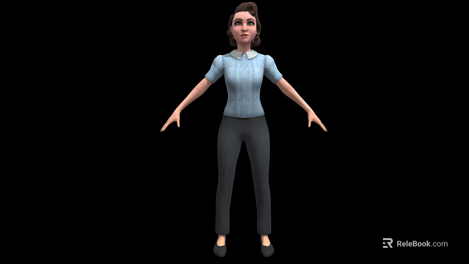 3D Female Character Creature In Light Blue Shirt Gray Pants With Open Hands On Black Background 3d model 