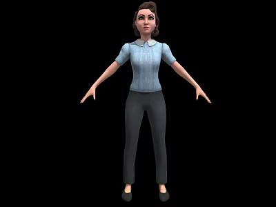 3D Female Character Creature In Light Blue Shirt Gray Pants With Open Hands On Black Background 3d model