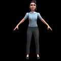 3D Female Character Creature In Light Blue Shirt Gray Pants With Open Hands On Black Background